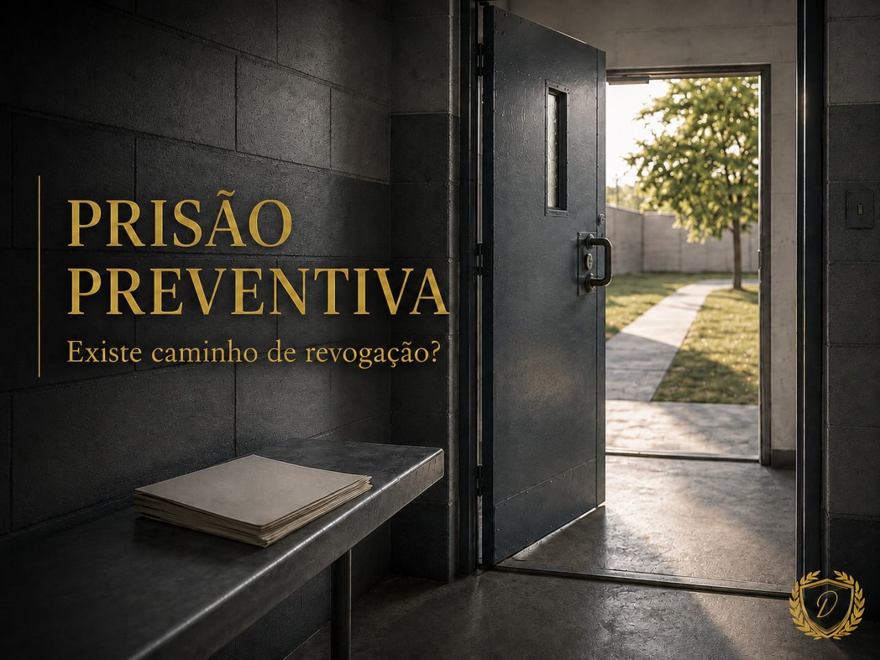 Porta de cela aberta, com caminho iluminado ao fundo, e texto sobre prisão preventiva.