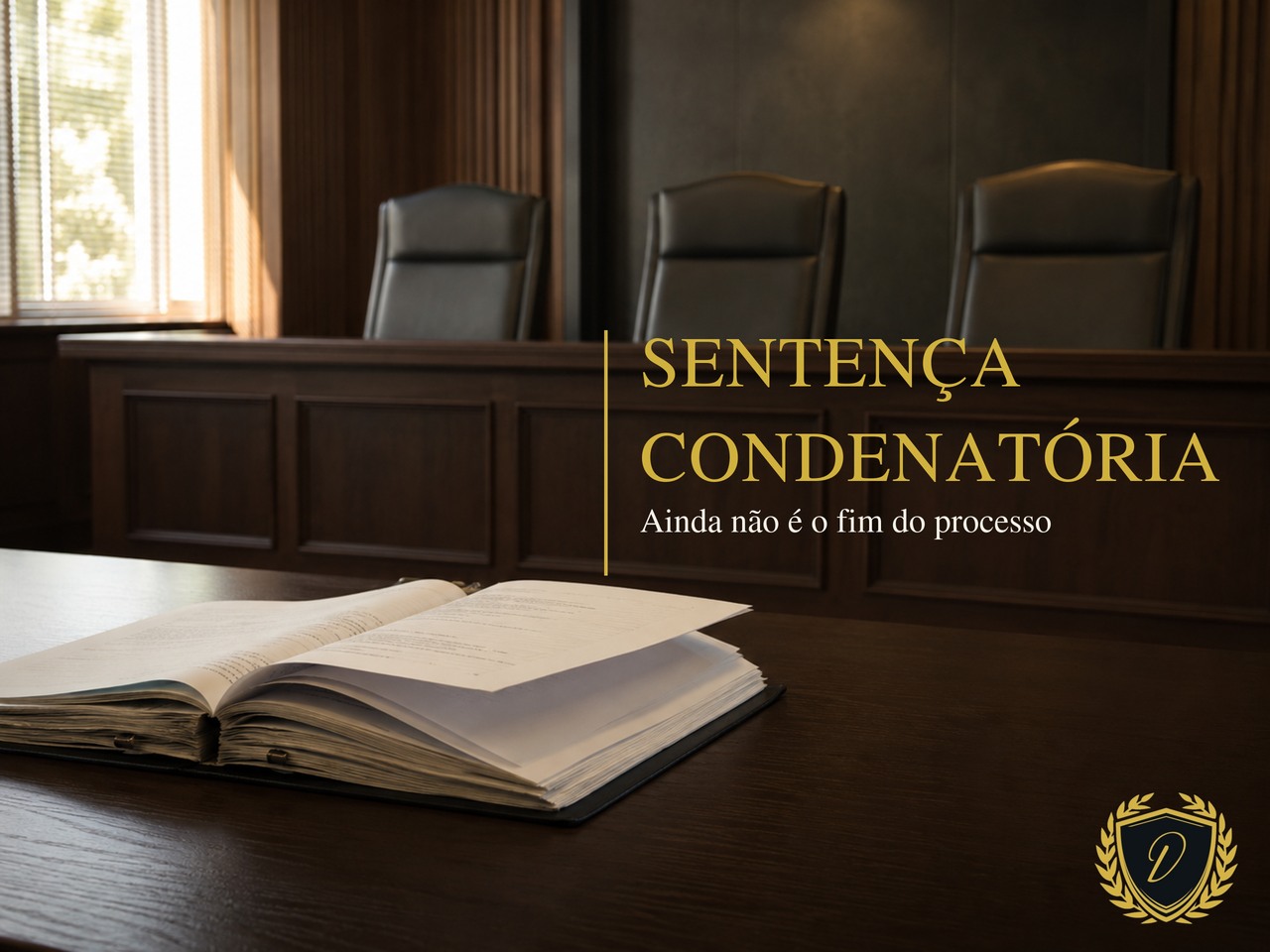 Sala de julgamento com autos sobre a mesa e o texto Sentença Condenatória, ainda não é o fim do processo.